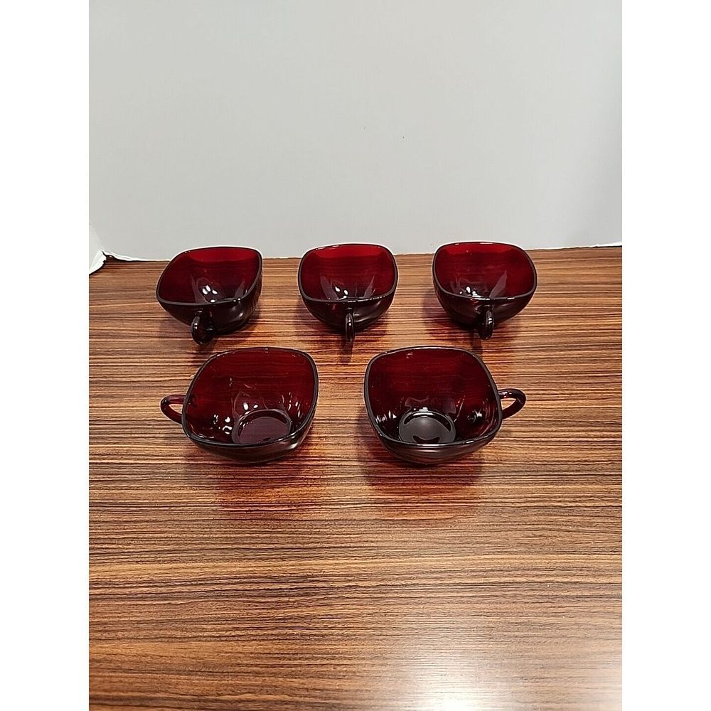 Set Of 5 Vintage Royal RUBY RED Anchor Hocking Glass Coffee Tea‎ Cups 8oz